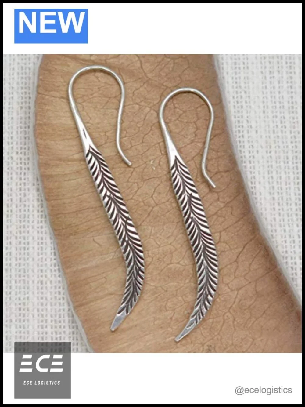 Sterling Silver Long Feather Earrings Handmade Oxidized Tribal Spike Drop Dangle